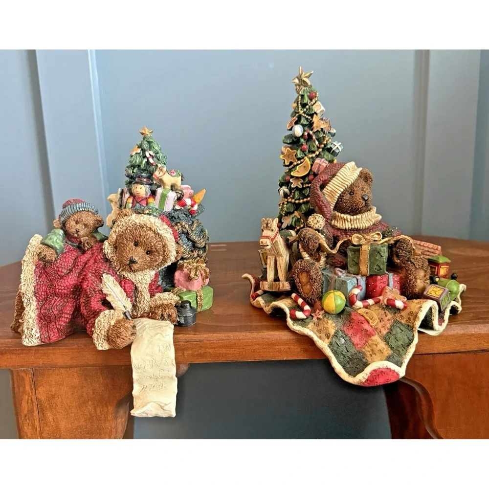 Vintage Teddy Bear Christmas Stocking Holders Pair Resin Santa Mrs Claus F/W